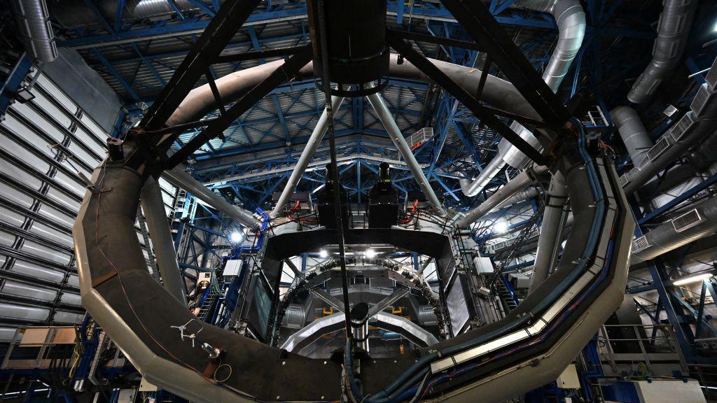 One of the optical telescopes on the platform of the Very Large Telescope (VLT), with consists of four optical telescopes and four movable auxiliary telescopes, at the European Southern Observatory's (ESO) Paranal Observatory, on Paranal Hill in Chile.