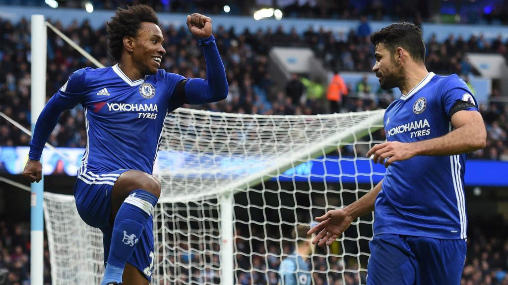 Willian celebrates with Diego Costa