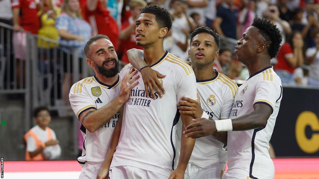 Bellingham celebrates opening the scoring for Real Madrid v Manchester United