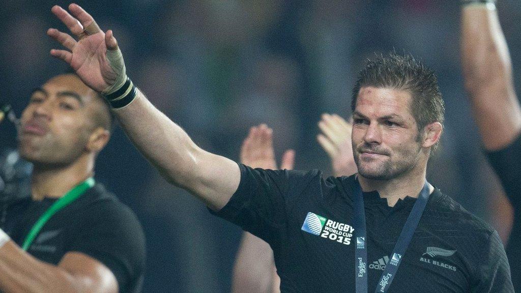 Richie McCaw waves to fans after the World Cup final