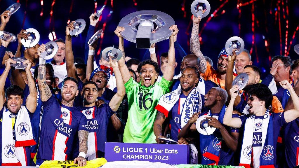 PSG players celebrate winning the 2022-23 Ligue 1 title