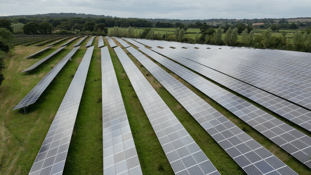 A solar farm across a field in Somerset