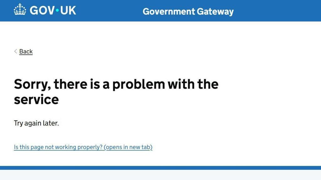 The gov.uk website with a 'Sorry, there is a problem with this service' error message