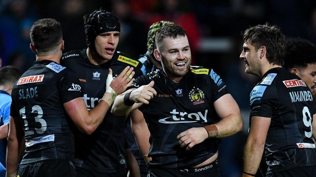 Luke Cowan-Dickie celebrates scoring a try for Exeter