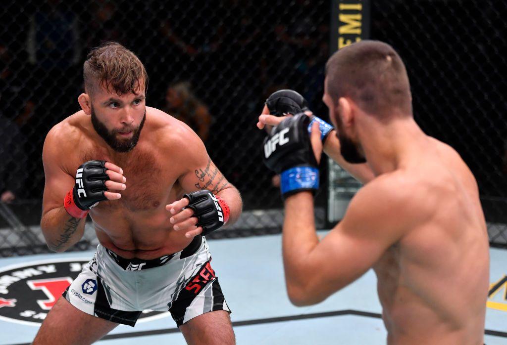 Jeremy Stephens battles Mateusz Gamrot of Poland in their lightweight bout during the UFC Fight Night event at UFC APEX on July 17, 2021 in Las Vegas, Nevada. 