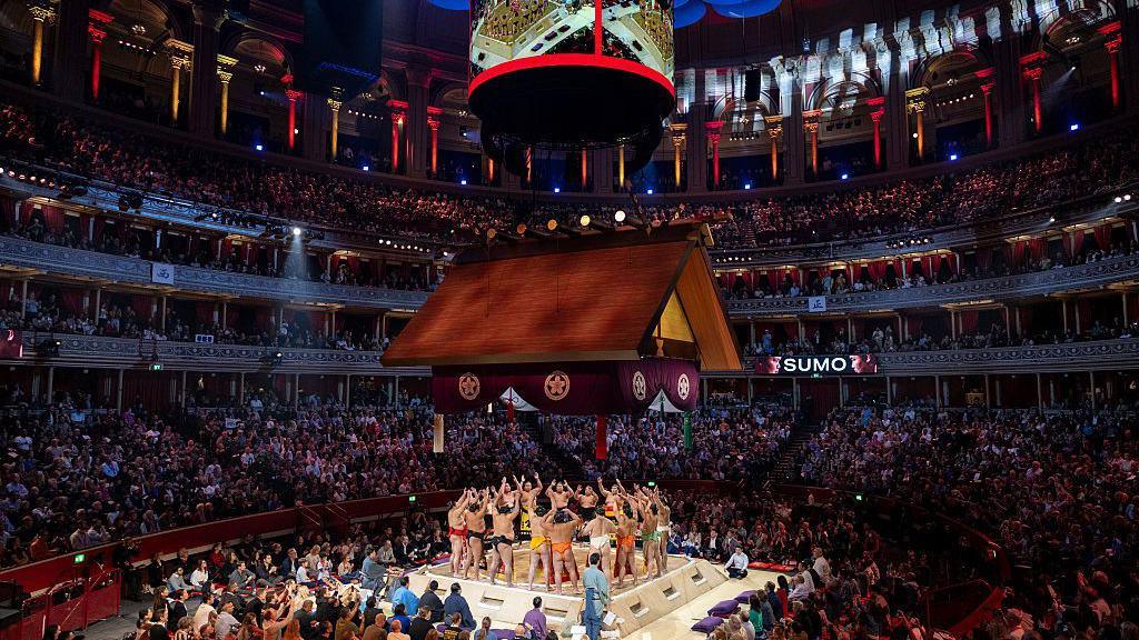 Rishiki are presented to the crowd during The Grand Sumo Tournament Finals day at Royal Albert Hall