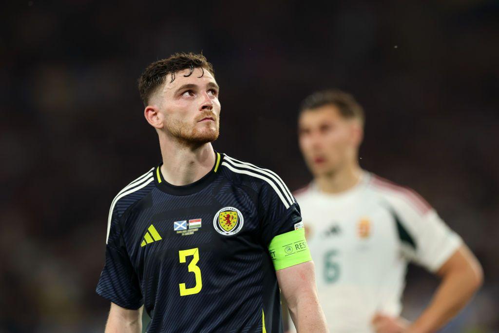 Andrew Robertson playing for Scotland against Hungary