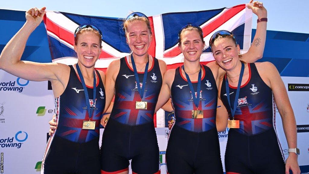 Helen Glover, Esme Booth, Samantha Redgrave and Rebecca Shorten celebrate winning gold