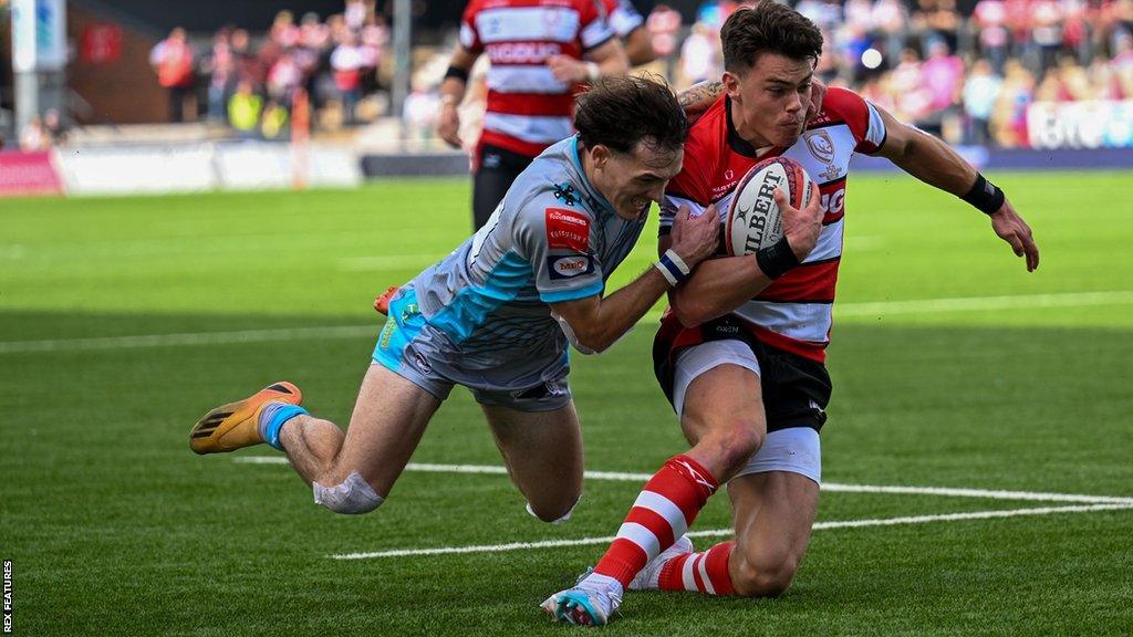 Gloucester's Louis Hillman-Cooper scores a try against Coventry in the Premiership Rugby Cup