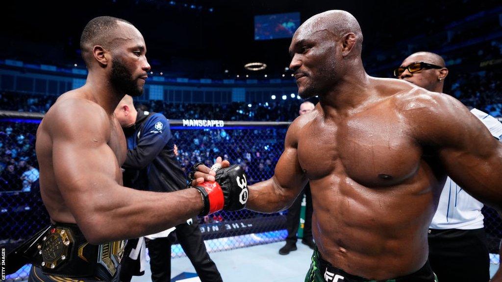 Kamaru Usman and Leon Edwards shake hands following their trilogy fight in March