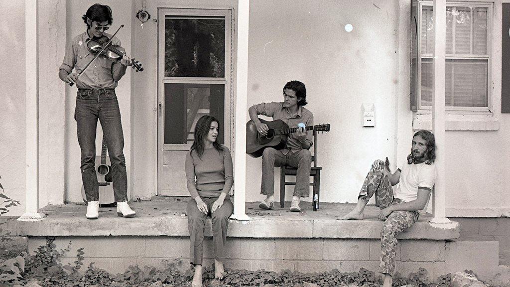 Townes Van Zandt (far left) and Daniel Antopolsky (far right) with Susanna and Guy Clark in 1972