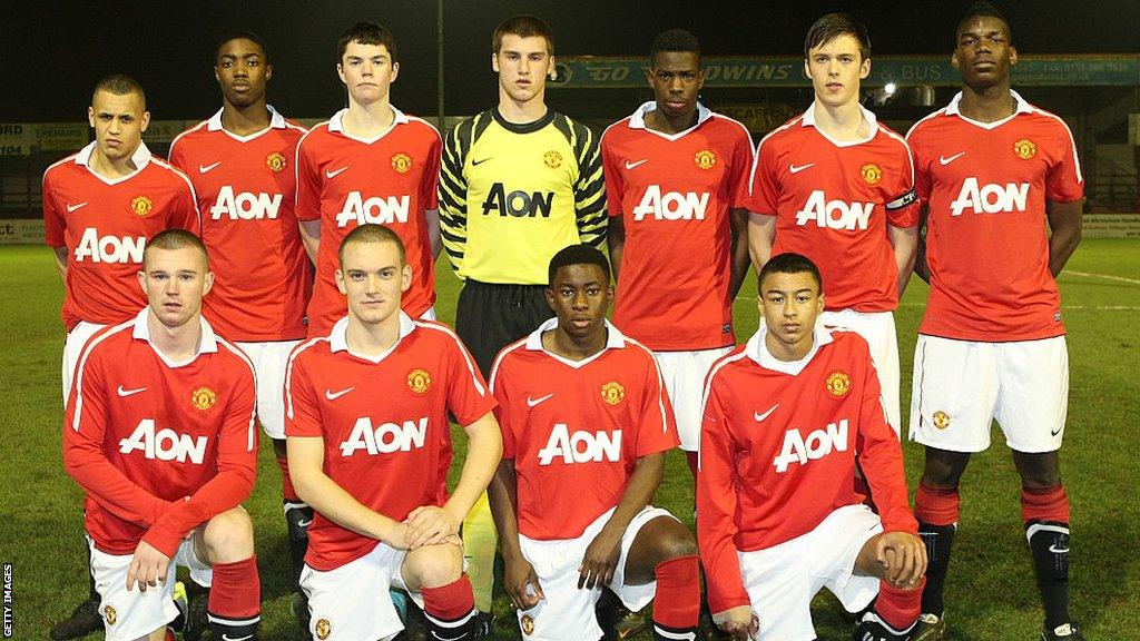 A Manchester United under-18 team featuring Ravel Morrison (back row, far left), Paul Pogba (back row, far right), Michele Fornasier (front row, second from left) and Jesse Lingard (front row, far right), pose pre-match before playing Newcastle