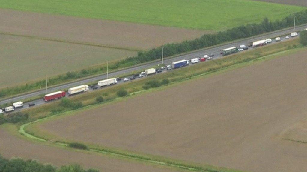 Aerial view of lorry protest in Calais