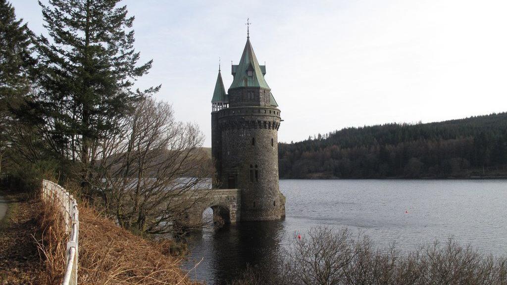 A view of Vyrnwy Tower from the banks of the lake.