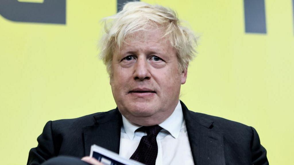 Boris Johnson has unkempt blonde hair and is wearing a black jacket, black tie and white shirt. He is sitting in front of a yellow backdrop
