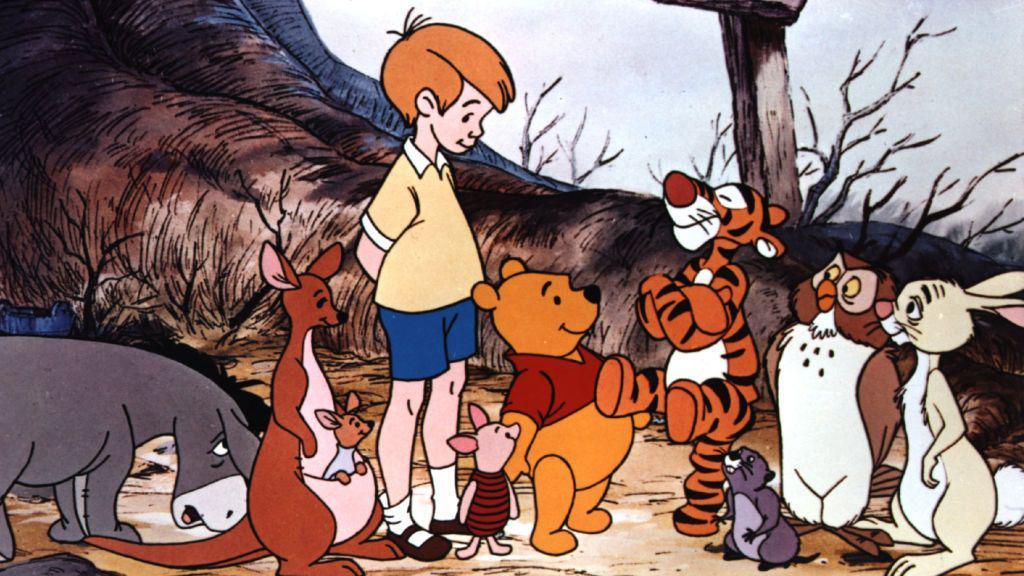 A still from an early Winnie-the-Pooh animation showing all of the inhabitants of Hundred Acre Wood, including Tigger, Piglet and Eeyore