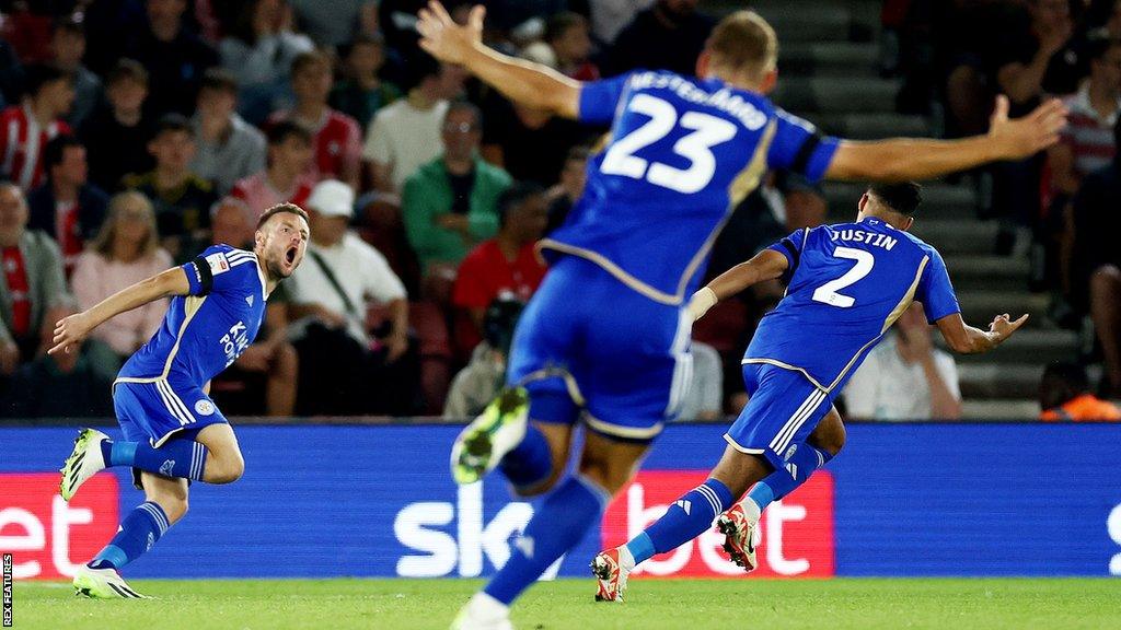 Jamie Vardy (left) celebrates scoring Leicester's first goal against Southampton