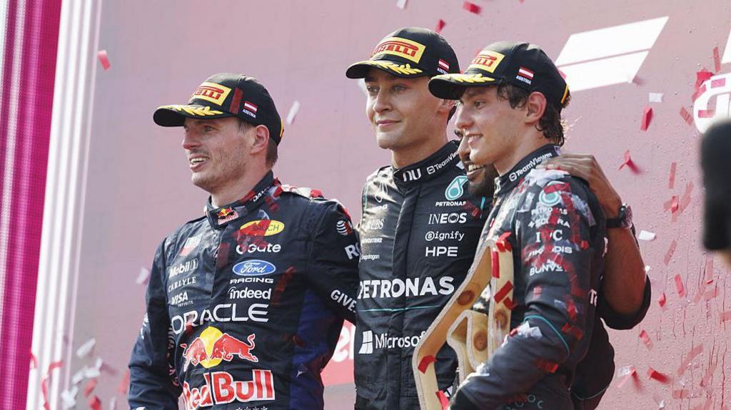 Max Verstappen, George Russell and Kimi Antonelli on the podium 