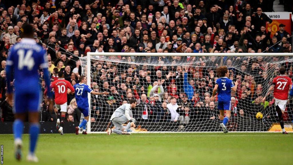 Manchester United's Marcus Rashford fires past Leicester keeper Danny Ward