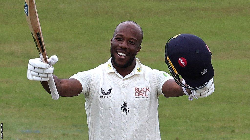 Daniel Bell-Drummond celebrates scoring 300 runs for Kent against Northamptonshire in June