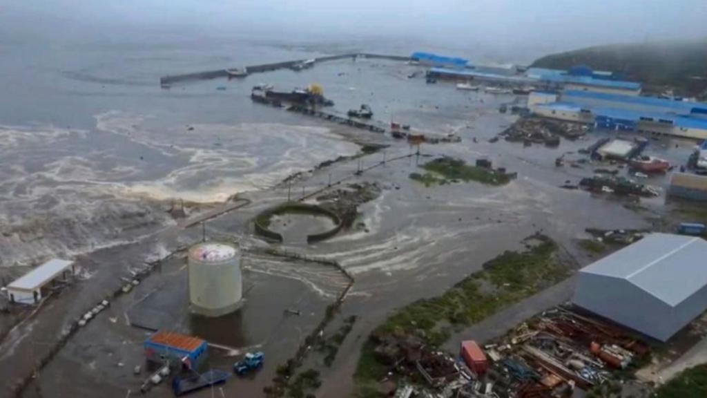 A still image taken from a handout video provided by the Geophysical Center of the Russian Academy of Sciences shows a flooded area in Severo-Kurilsk, Sakhalin Region, Russia