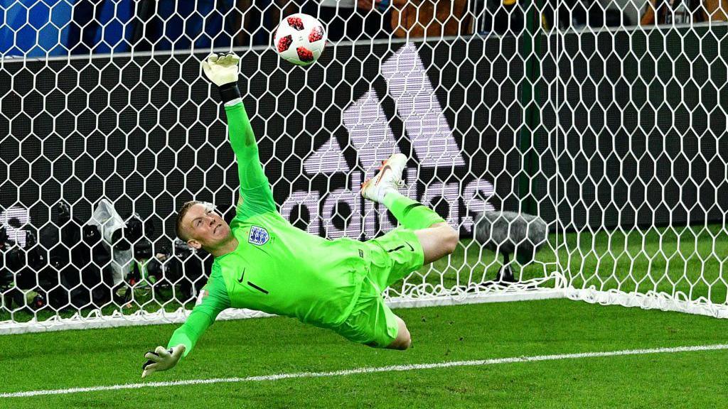 Pickford denies Carlos Bacca from the spot during England's shootout win over Colombia at the 2018 World Cup