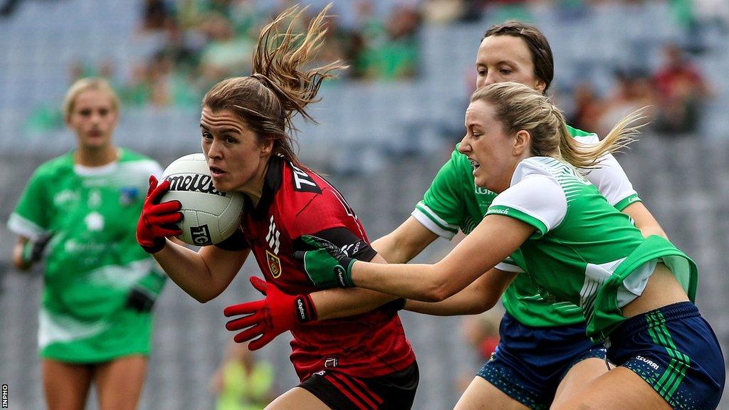 The Limerick defence attempts to shackle Down's Natasha Ferris at Croke Park