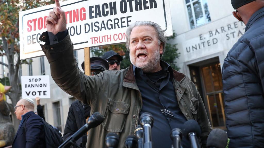 Former Trump White House senior advisor Steve Bannon speaks to the media as he arrives at federal court to be sentenced on October 21, 2022 in Washington, DC