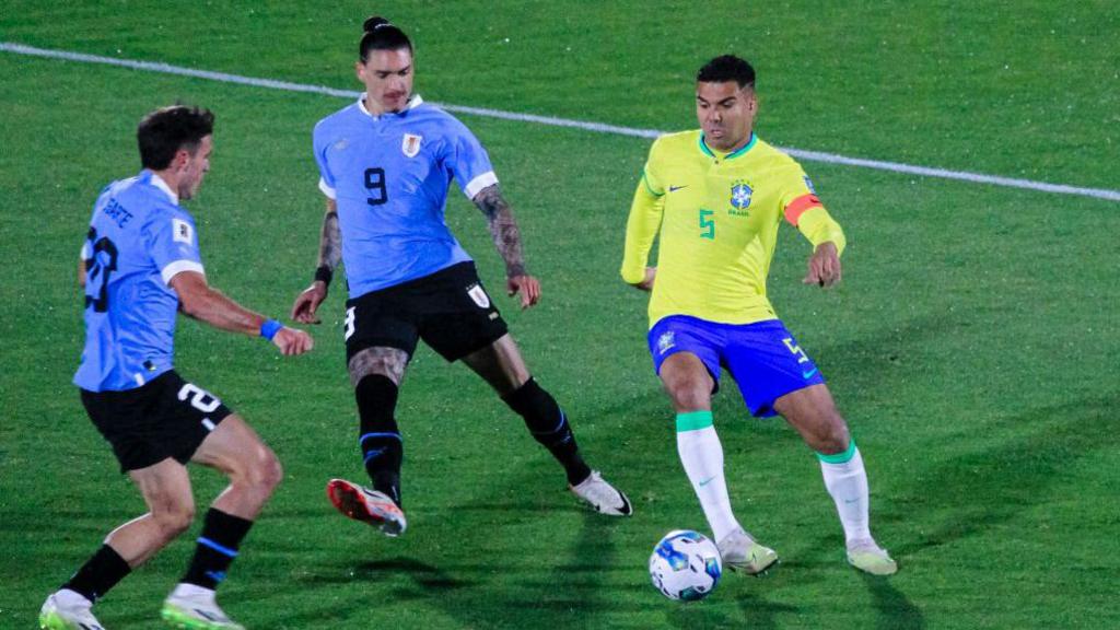 Casemiro in action for Brazil against Uruguay in 2023