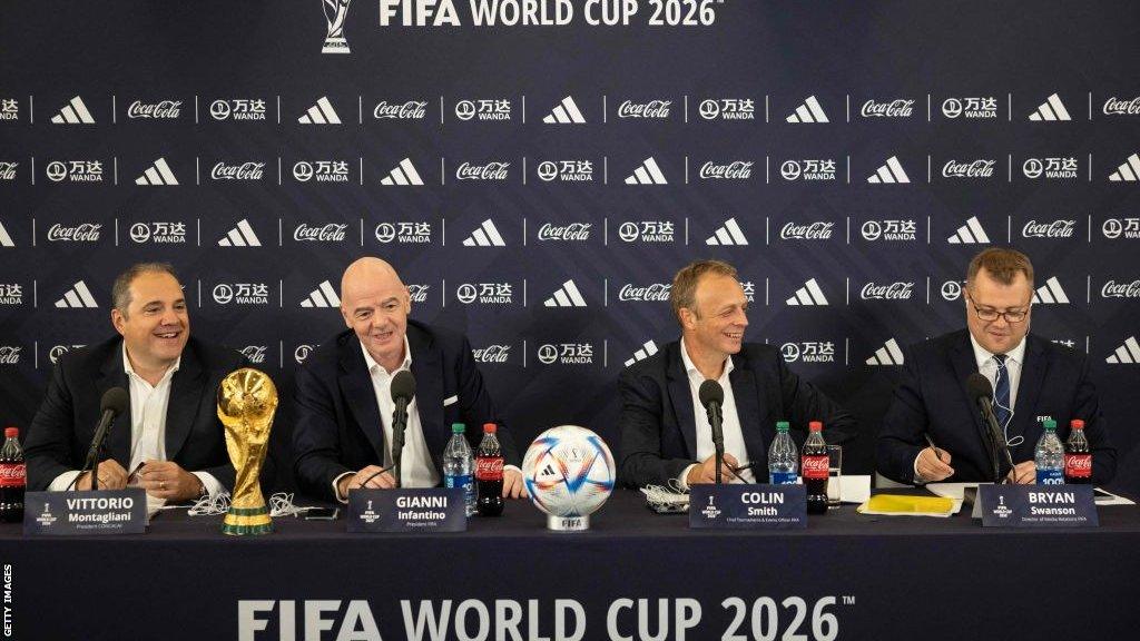 Concacaf president Victor Montagliani at a press conference with Fifa president Gianni Infantino