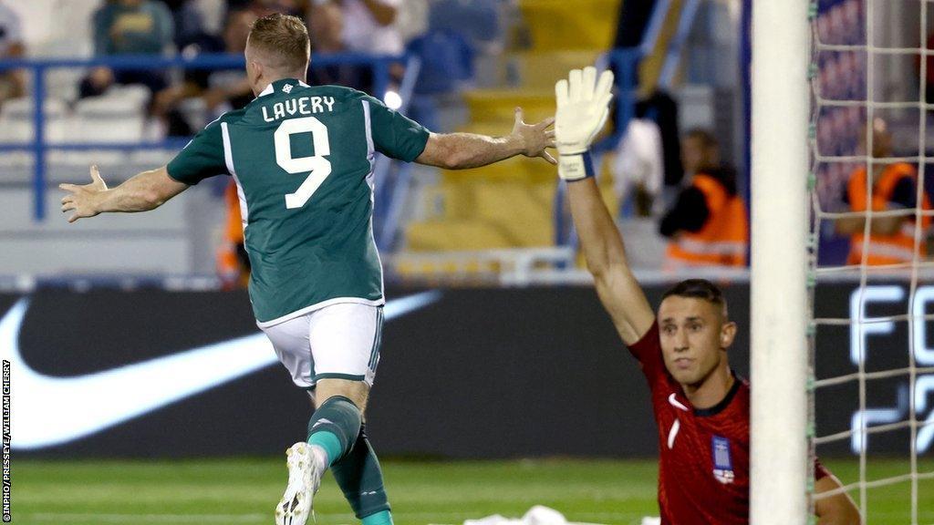 Northern Ireland's Shayne Lavery scoring against Greece