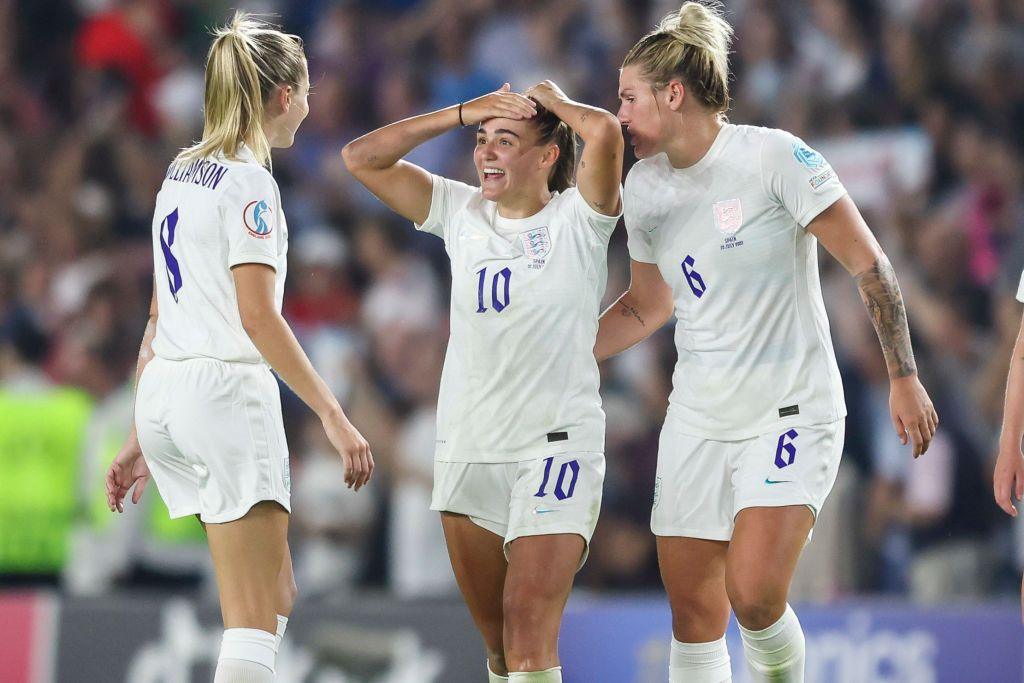 Georgia Stanway of England after she scored a goal to make it 2-1 in extra time during England's quarter-final against Spain in Euro 2022.