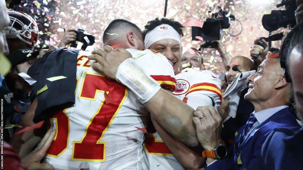 Travis Kelce and Patrick Mahomes celebrate