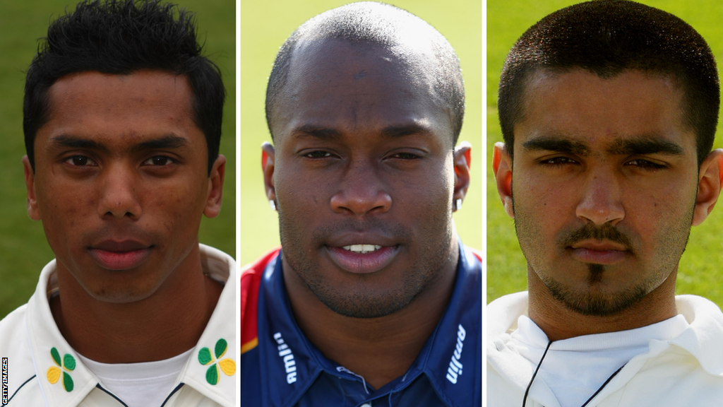 A composite of Jahid Ahmed, Maurice Chambers and Zoheb Sharif, who are all wearing their cricket strips and looking at the camera.