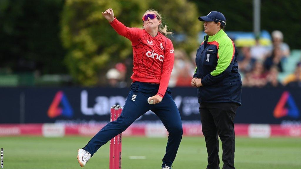 England spinner Sophie Ecclestone bowling against South Africa in July 2022