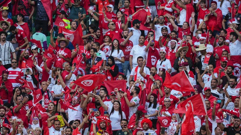 Tunisia fans cheer during their World Cup game against Denmark