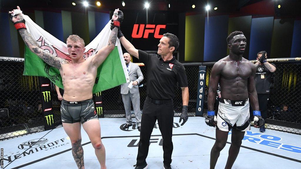 Mason Jones reacts after his victory over David Onama during the UFC Fight Night event in Las Vegas
