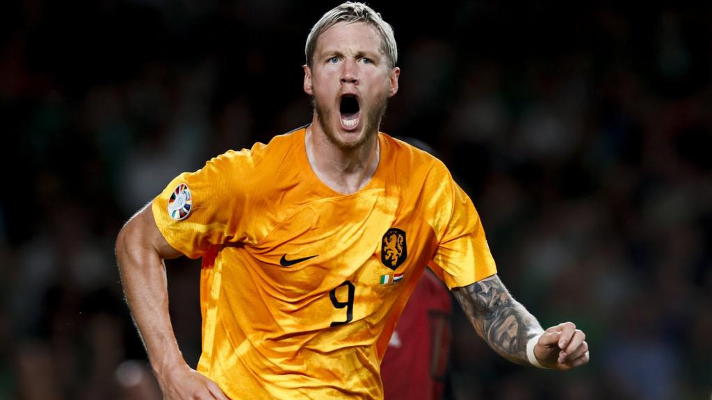 Wout Weghorst celebrates after putting the Netherlands ahead in Dublin