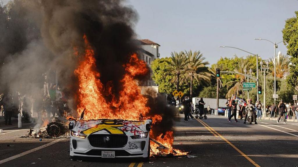 a car on fire in LA 