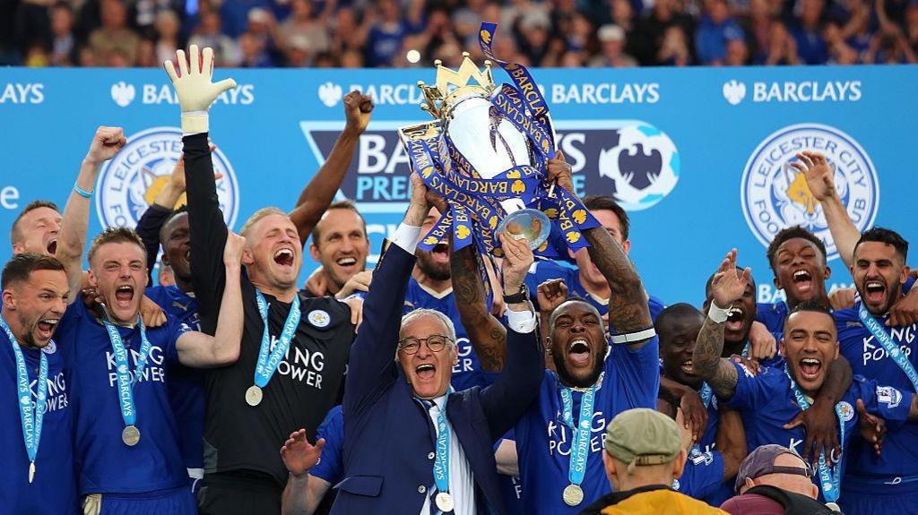 Leicester City with the Premier League trophy