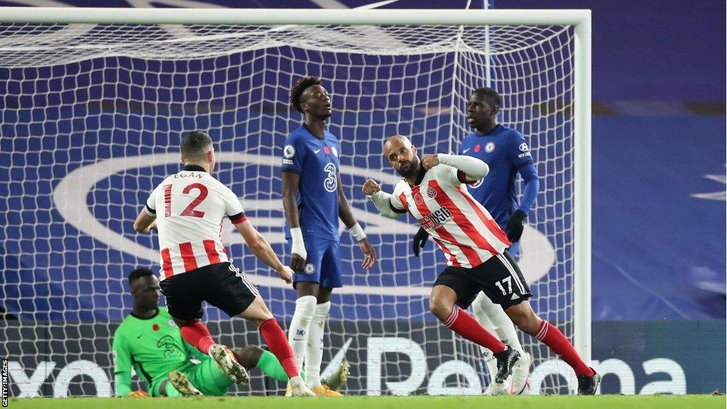 David McGoldrick celebrates scoring for Sheffield United against Chelseas