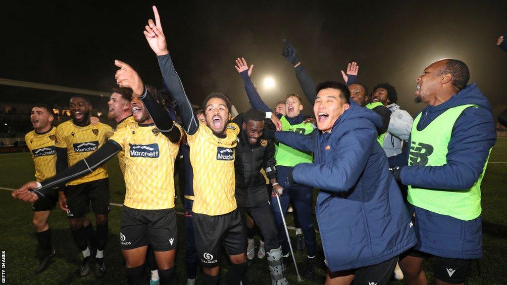 Maidstone celebrate their FA Cup win over Barrow