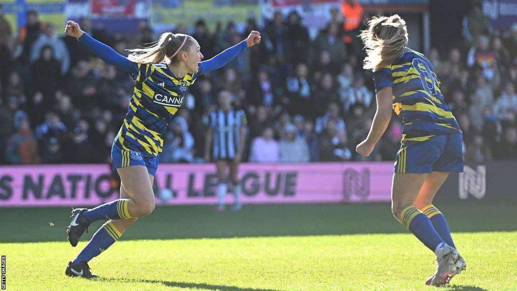 Phoebe Williams celebrates after slotting home Hashtag's second goal at Kenilworth Road