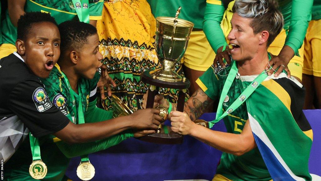 South Africa win the Women's Africa Cup of Nations trophy after beating Morocco 2-1 in the final in July 2022