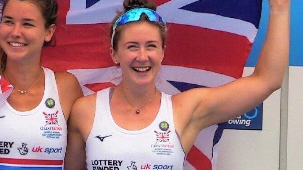 Herefordshire rower Charlotte Hodgkins-Byrne celebrates her European silver medal win with team-mate Anna Thornton in the quadruple sculls in Italy in 2021