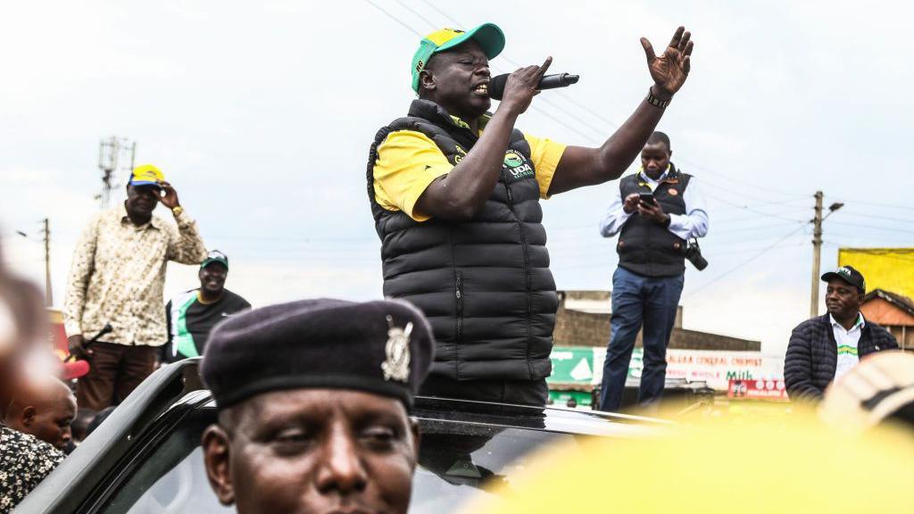 Rigathi Gachagua speaks to supporters who thronged his party campaign rally at Salgaa Trading Centre 