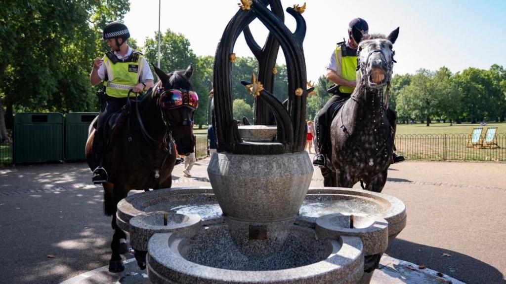 Two police horses drink from a fountain in a London park