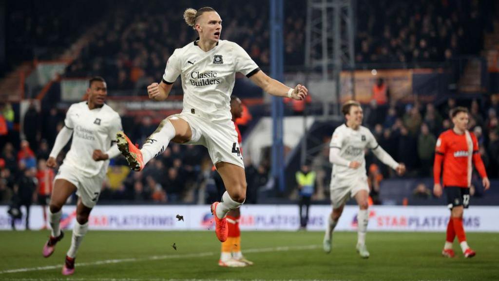 Maksym Talovierov celebrates scoring for Plymouth against Luton