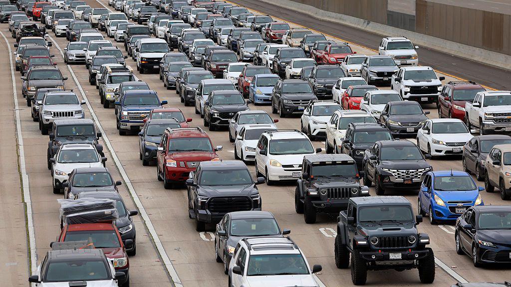 Traffic backs up on southbound Interstate 805 as people are about to enter Tijuana, Mexico at the Otay Mesa Port of Entry on May 3, 2025 in San Diego, California.