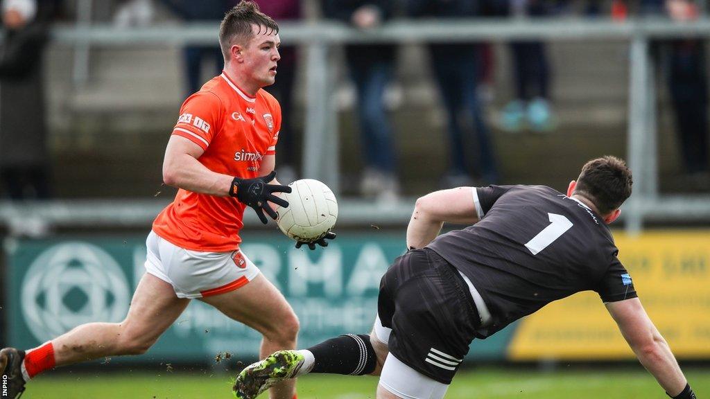 Peter McGrane is about to score Armagh's first goal in Saturday's win